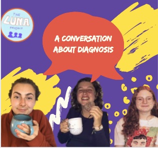 Laura Beth and Ally all have mugs of tea and have their pictures cut out and stuck on a funky purple background