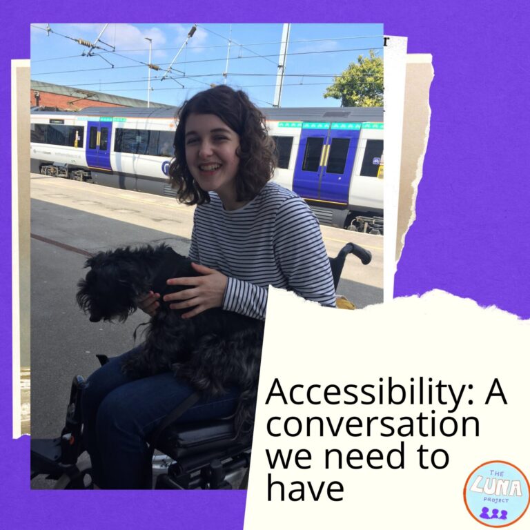 Beth is sat in her wheelchair with a small dog on her knee. There is the text "accessibility: a conversation we need to have" next to her.
