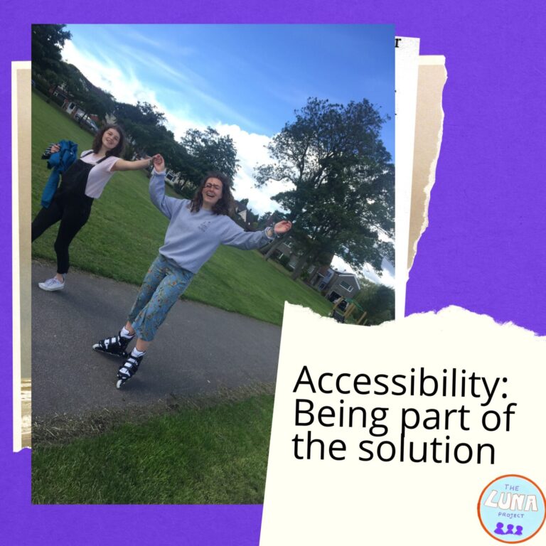 Ally is rollerblading and Beth is holding her hand to steady her. Next to it is the text "accessibility: beng part of the solution".