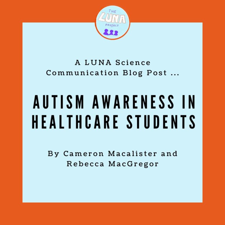 On an orange background is a light blue square with the text "A LUNA Science Communication Blog post... Autism Awareness In Healthcare Students, by Cameron Macallister and Rebecca Macgregor
