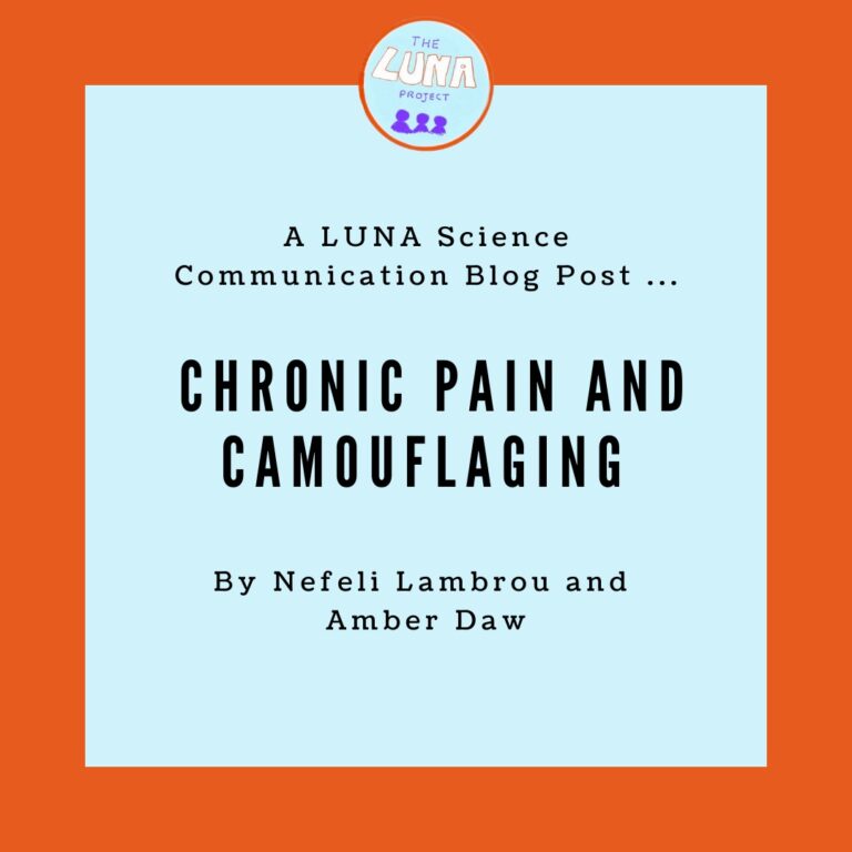 On an orange background is a light blue square with the text "A LUNA Sciecne Communication Blog post... Chronic Pain and Camouflaging, By Nefeli Lambrou and Amber Daw”