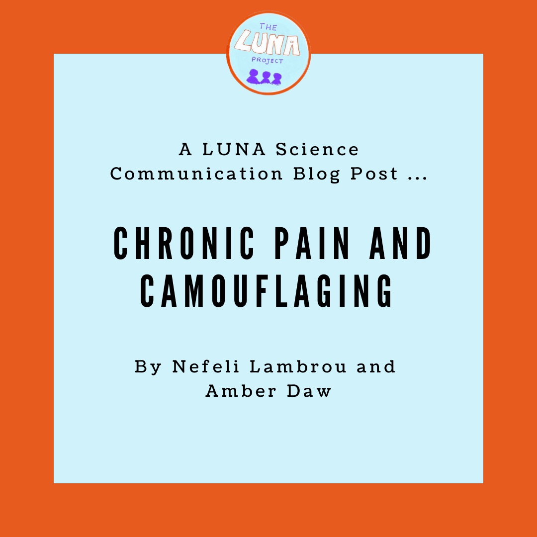 On an orange background is a light blue square with the text "A LUNA Sciecne Communication Blog post... Chronic Pain and Camouflaging, By Nefeli Lambrou and Amber Daw”