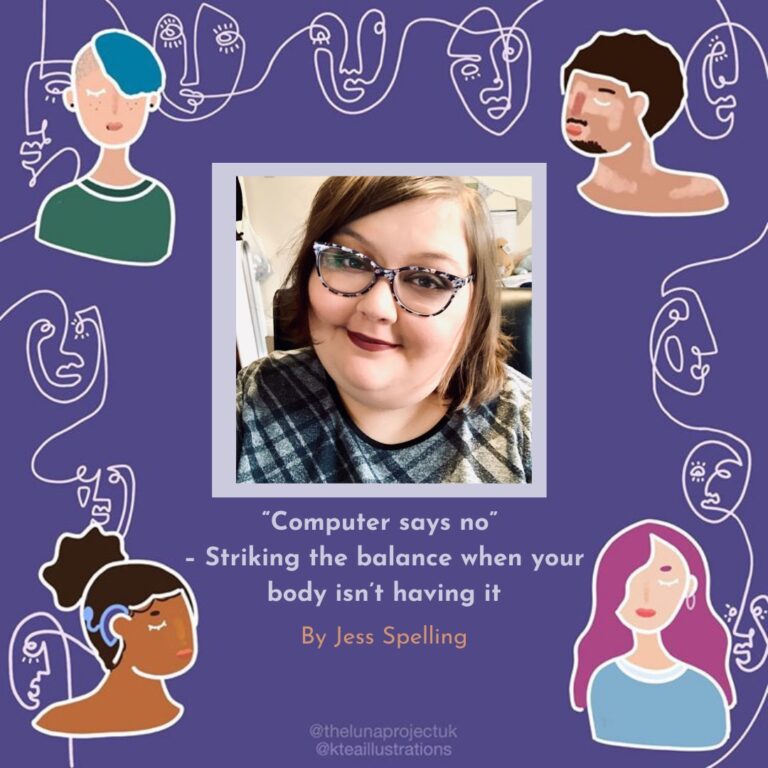The background is a dark purple. In each corner there is a beautifully illustrated colourful head and shoulders. They are Disabled people of a variety of genders and ethnicities. Running between these people are continuous white line drawings of abstract faces. This was created by @kteaillustrations. In the centre there is a silvery box with a picture of Jess inside. Underneath is the text “Computer says no” – Striking the balance when your body isn’t having it by Jess Spelling”