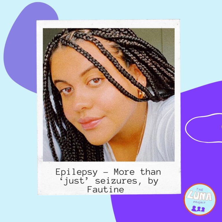 A polaroid style photo of Faustin, a young black women, with the caption "Epilepsy - more than just seizures, by Faustine". This is on a light blue background with purple blobs.