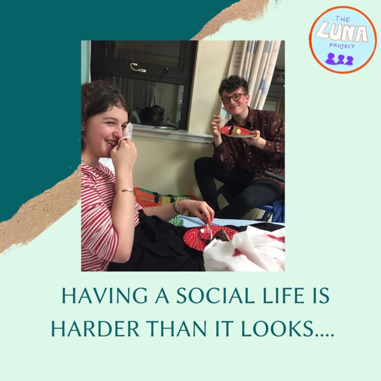 Beth and Ross are in a hospital room eating birthday cake and Beth is having a nose bleed. The background is green and there is the text "having a social life is harder than it looks…" underneath.