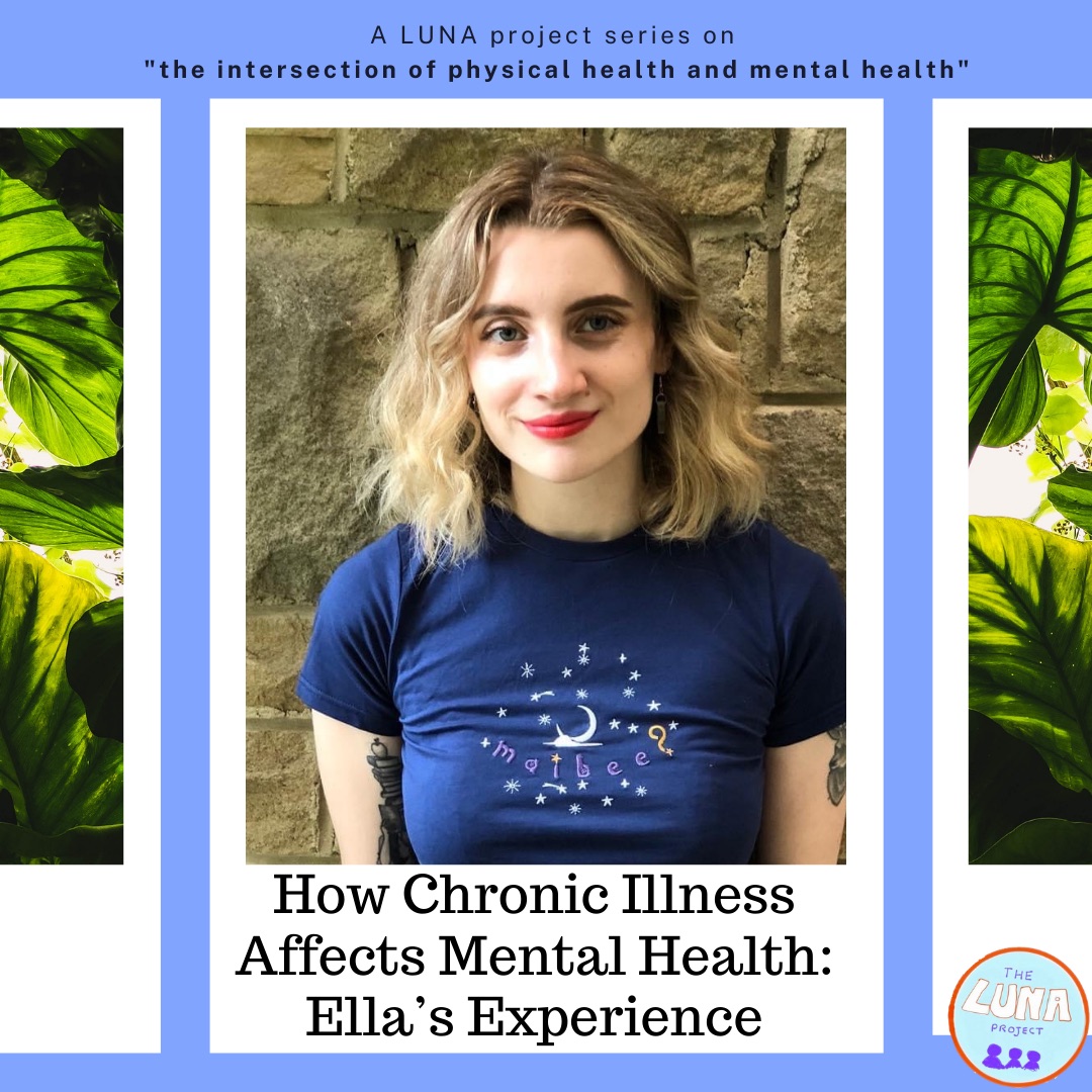 The image is an infographic. The background is a light blue. At the top there is the text “A LUNA project series n the intersection of physical health and mental health”and the LUNA logo. There are then three polaroid style infographics, the two on the right and left have images of plants within them and are kind of cut off. The one in the centre has a picture of Ella in a blue top smiling, with the text underneath reading “how chronic illness affects Mental Health: Ellas experience”. End of Description. 