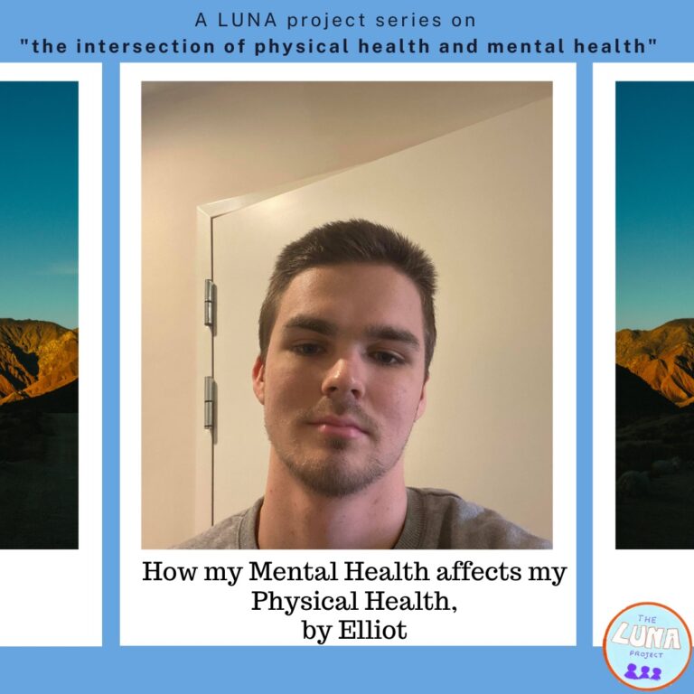 The background is a light blue. At the top there is the text “A LUNA project series on the intersection of physical health and mental health”and the LUNA logo. There are then three polaroid style infographics, the two on the right and left have images of the sky and mountains in them are kind of cut off. The one in the centre has a picture of Elliot, with the text underneath reading “ How my Mental health affects my physical health, by Elliot”. End of Description. 