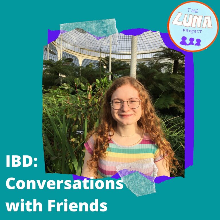 Laura has long ginger hair and they are stood in Glasgow botanics smiling. The photo is pasted onto a green background and underneath is the text "IBD: Conversations with Friends".