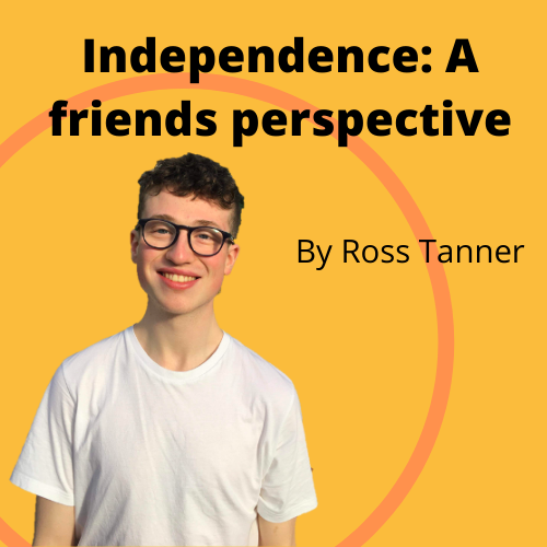 Ross is wearing a white tshirt and smiling at the camera. There is a yellow background and the text "independence: a friends perspective, by ross tanner".