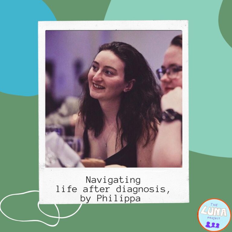 A polaroid photo of Philippa at a dinner, smiling into the distance