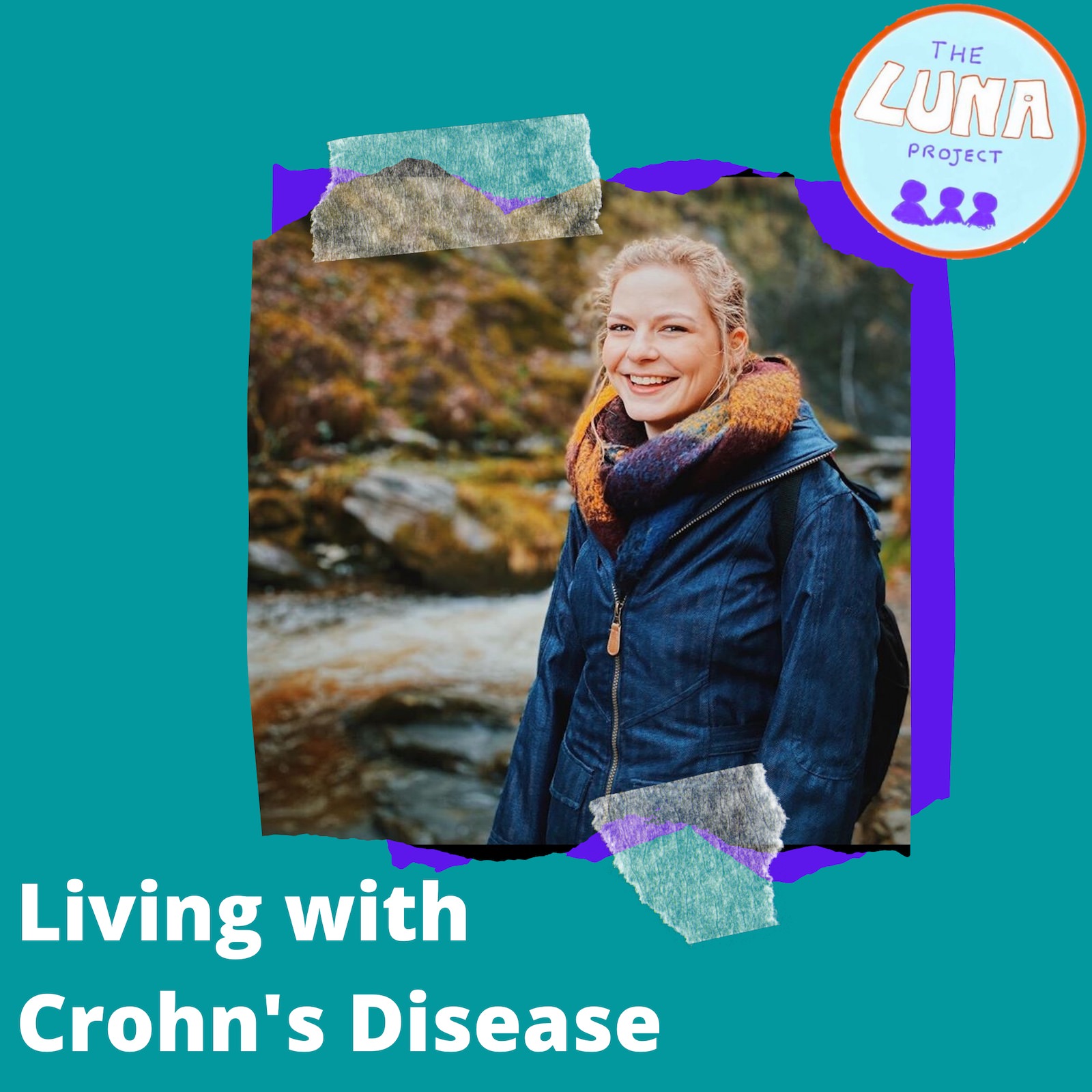 Emma is wrapped up warm outside, looking happy and peaceful. The photo is pasted onto a blue background and underneath is the text "living with crohns disease".