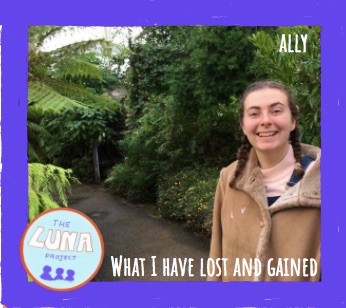 Ally is wrapped up warm in the botanics. The photo has a purple border and the text "what I have lost and gained" underneath.