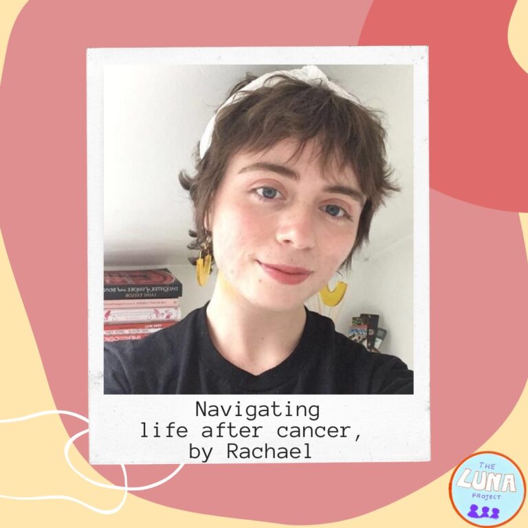 A polaroid style photo of Rachael smiling with short brown hair and yellow earrings.