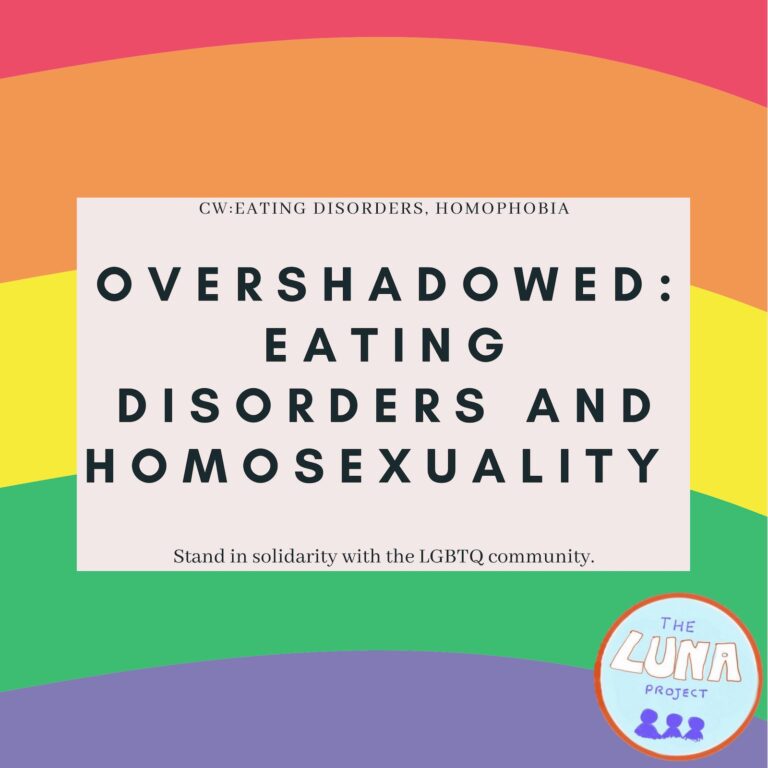 An infographic with a rainbow background and the text "overshadowed: Eating Disorders and Homosexuality"