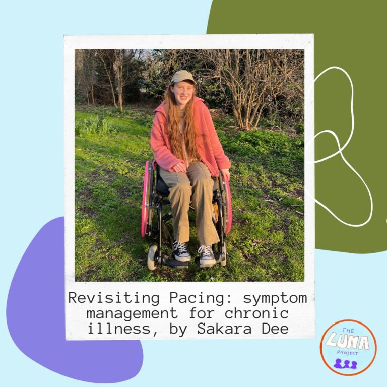 Sakara, a young women wearing a pink fleecy and a cap is sat smiling in her piink wheeled wheel chair. Below this photo is the text " Revisiting Pacing: symptom management for chronic illness, by sakara dee". This polaroid style photo and text is backed against a light blue background with a big purple and green shape.