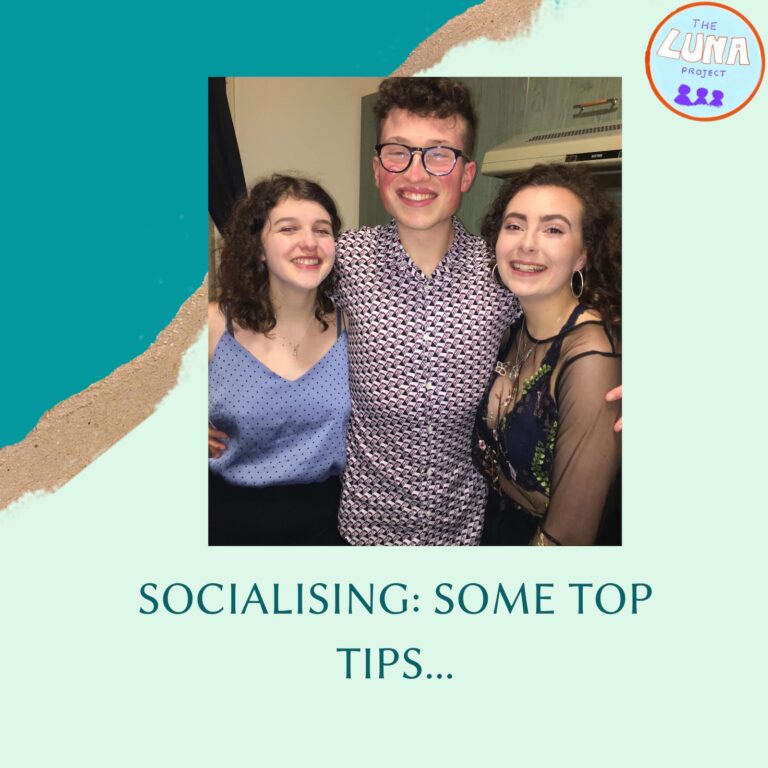 A photo of Beth, Ross, and Ally at a party smiling together. Underneath is the text "Socialising: Some Top Tips"