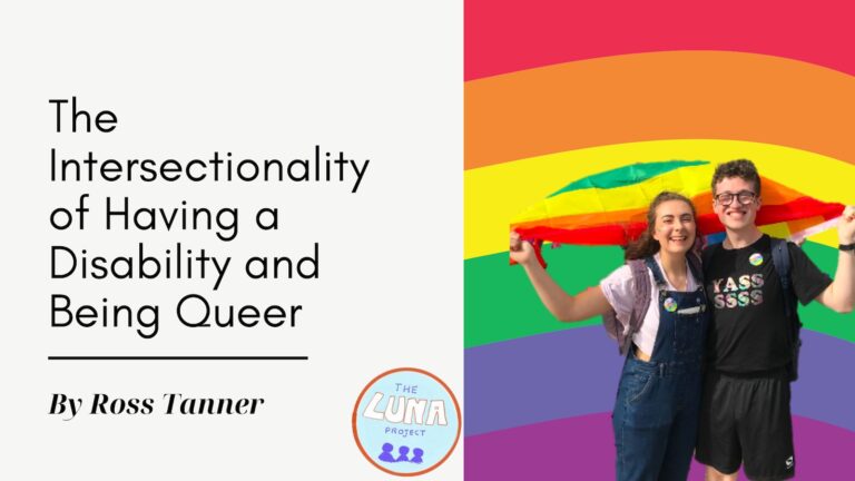 Image description: To the left of the photo it says "The Intersectionality of Having a Disability and Being Queer" with the authors name "Ross Tanner" underneath it and the LUNA logo. The right side of the image has a Pride flag background with a picture of 2 people holding a pride flag in front of it.