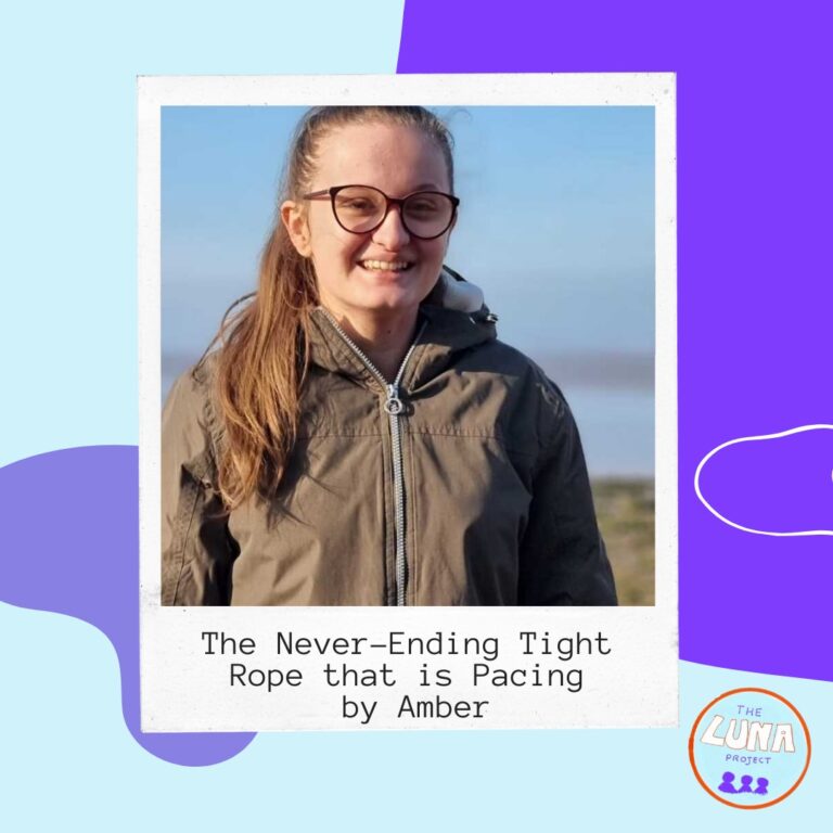 A polaroid style photo of Amber smiling on the beach is captioned with the text " The Never-Ending Tight Rope that is Pacing- Mental Health and Chronic Illness- A Balance". It is on a blue background with purple shapes.