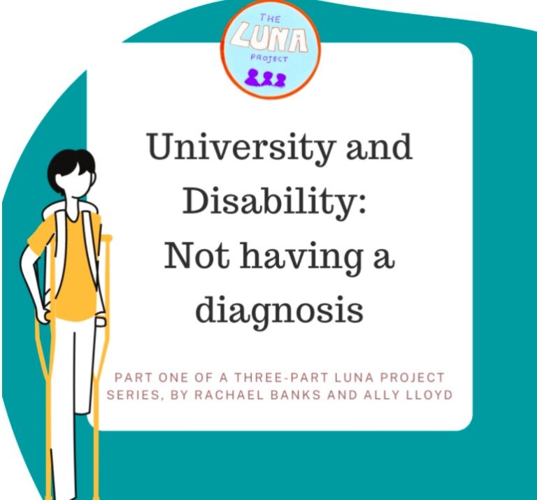 The image is an info graphic. It is a white and turquoise background. In the centre there is a round edged white rectangle. On top of this is the text that reads “University and Disability: Not having a diagnosis” and underneath “Part One of a three-part LUNA Project Series, by Rachael Banks and Ally Lloyd”. In the fore ground there is the LUNA project logo, and a wee graphic of a student using crutches, with a yellow top. 