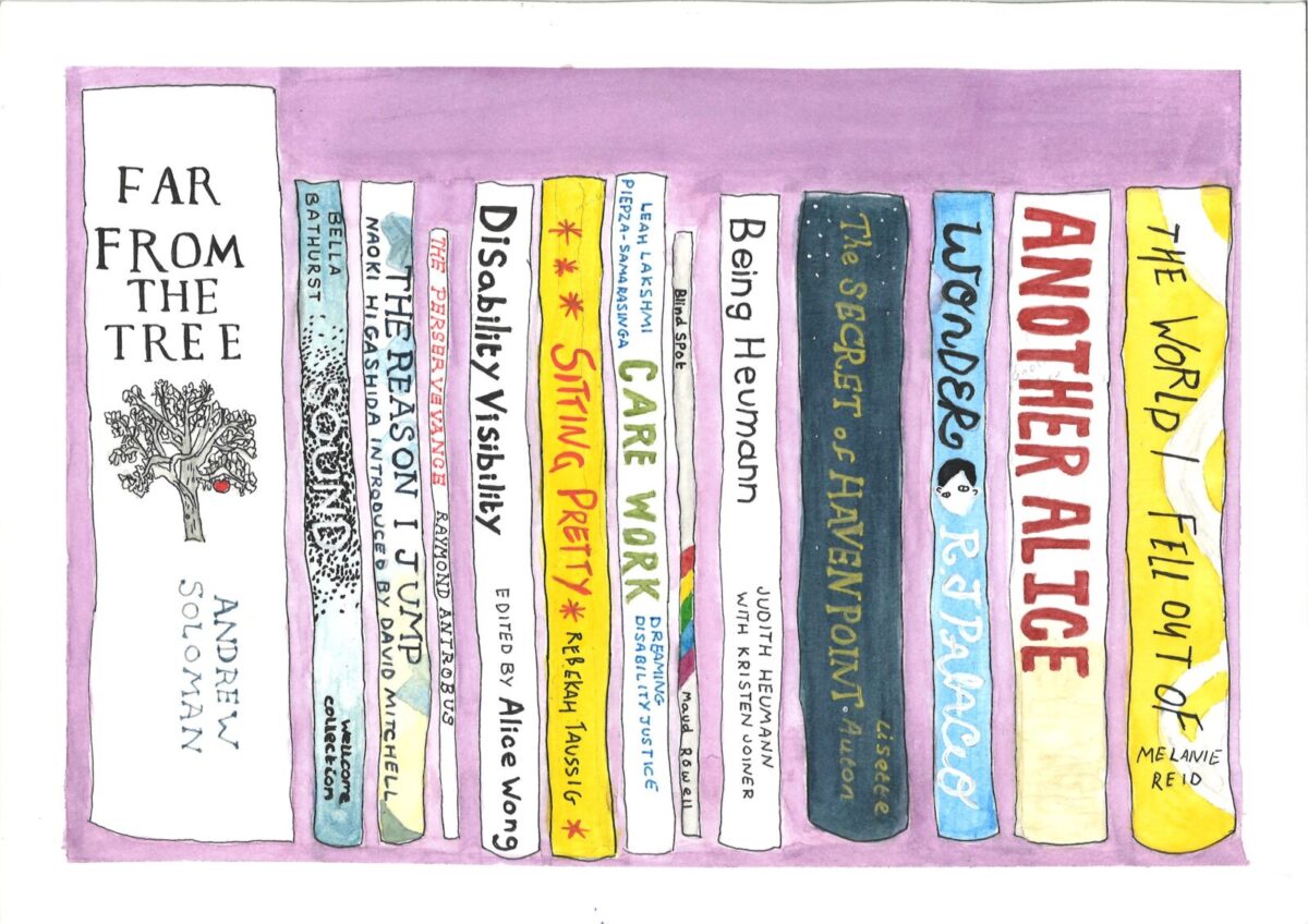 "Myself on My Shelf": A Watercolour Painting by Beth

Image Description: A scan of a watercolour painting of 13 different book spines all lined up. The books include Far From The Tree, Sound, Another Alice, Disability Visibility and The Secret of Haven Point to name a few.